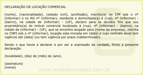 Modelo de Declaração de Locação de Imóvel Comercial