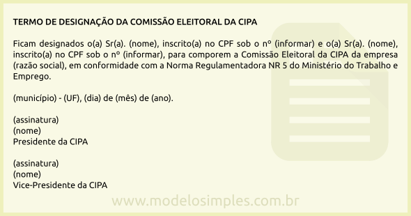 Modelo de Termo de Designação da Comissão Eleitoral da CIPA