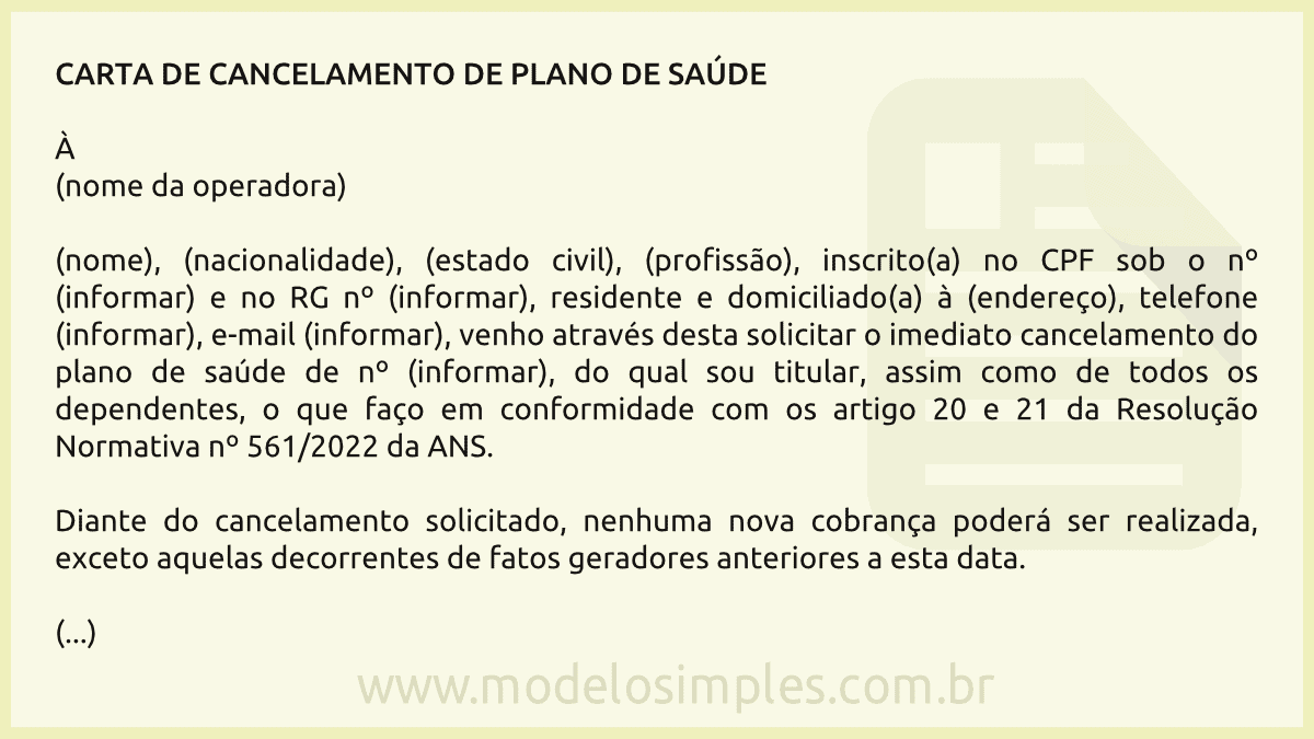 Exemplo De Carta Para Cancelar Plano De Saude