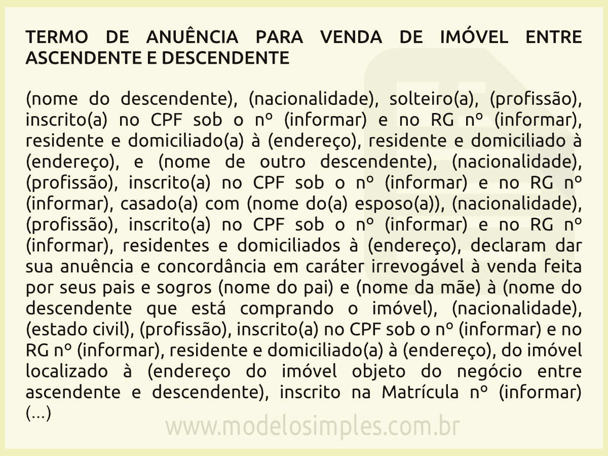 Modelo de Anuência para Venda de Imóvel entre Ascendente e Descendente